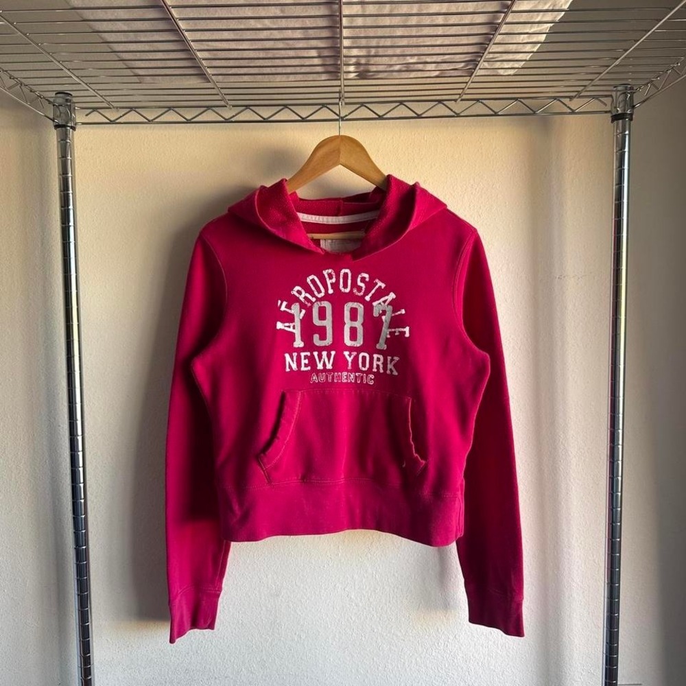 Aeropostale Hot Pink Boxy Hoodie Pullover Distressed Front Logo Y2K Streetwear